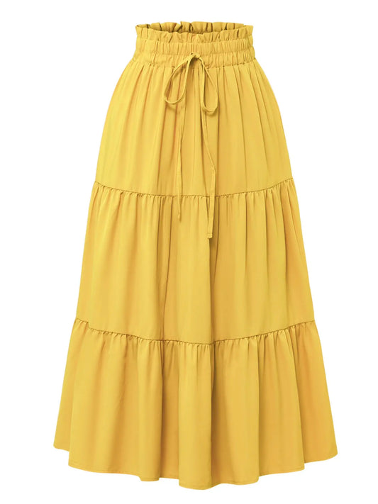 Boho High-Waisted Fishtail Skirt Bottoms, Bohemian Floral Skirt, Plain Color Solid A-Line Midi Dress, Layered Ruffle Hem, Casual Long Skirt for All Seasons