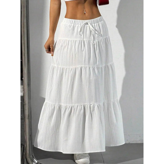 Women's Boho Comfy Solid Maxi Skirt - Elastic High Waist, Flowy Tiered A-Line, Ruffle Pleated Bottoms - Summer Beach Skirts for Women, Spring Soft Style,sohochic