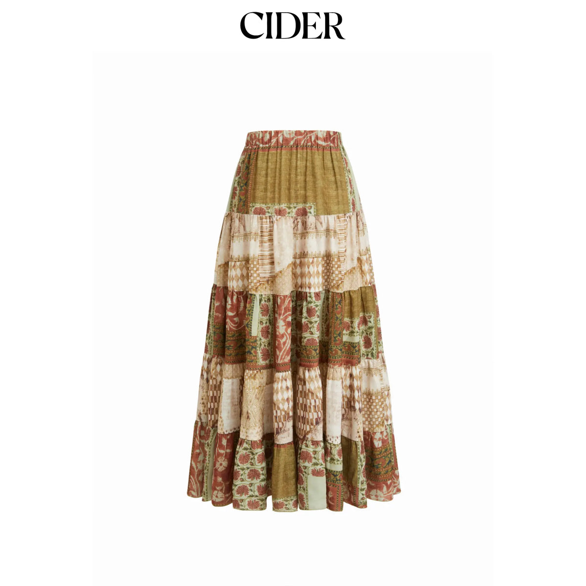 Cider Mid Rise Aztec Two Tone Tiered Ruffle Maxi Skirt