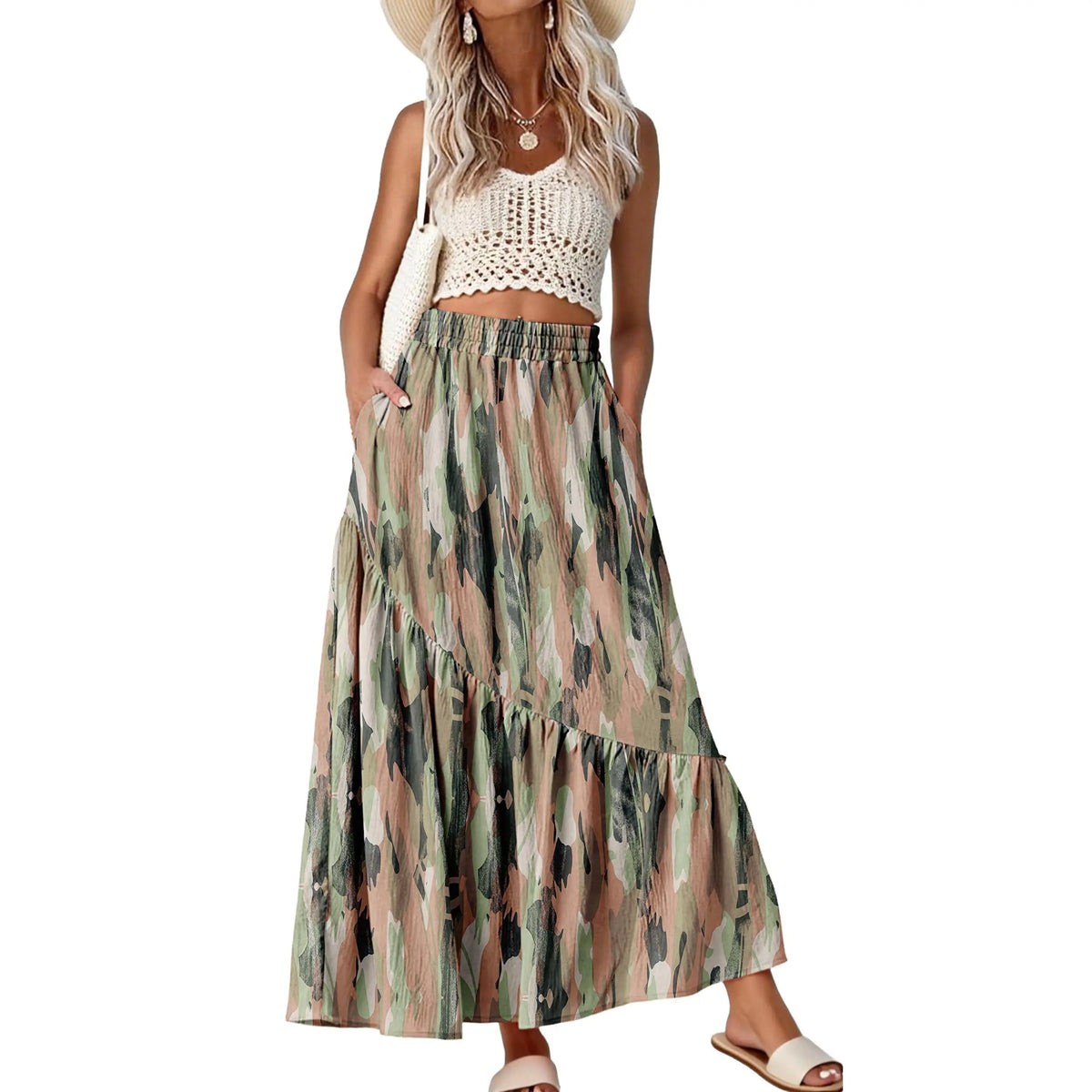 GRECERELLE Women's Boho Maxi Skirt High Waist Pleated A-Line Flowy Swing Asymmetric Tiered Long Skirts with Pockets