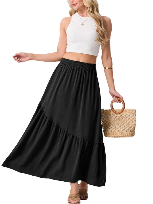 GRECERELLE Women's Boho Maxi Skirt High Waist Pleated A-Line Flowy Swing Asymmetric Tiered Long Skirts with Pockets
