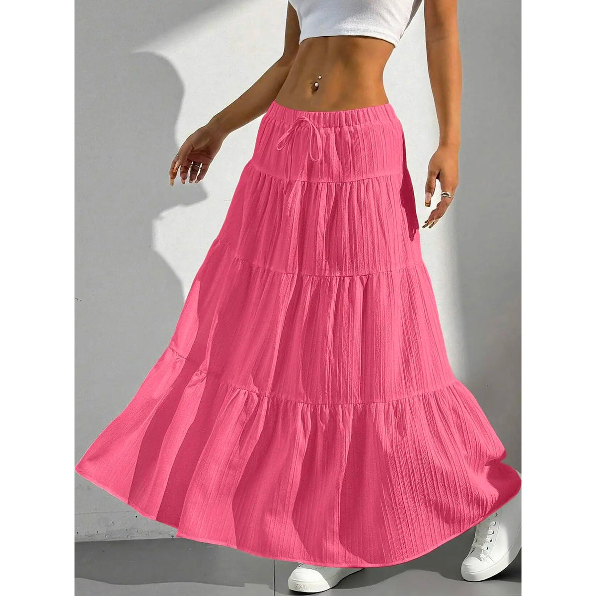Women's Boho Comfy Solid Maxi Skirt - Elastic High Waist, Flowy Tiered A-Line, Ruffle Pleated Bottoms - Summer Beach Skirts for Women, Spring Soft Style,sohochic
