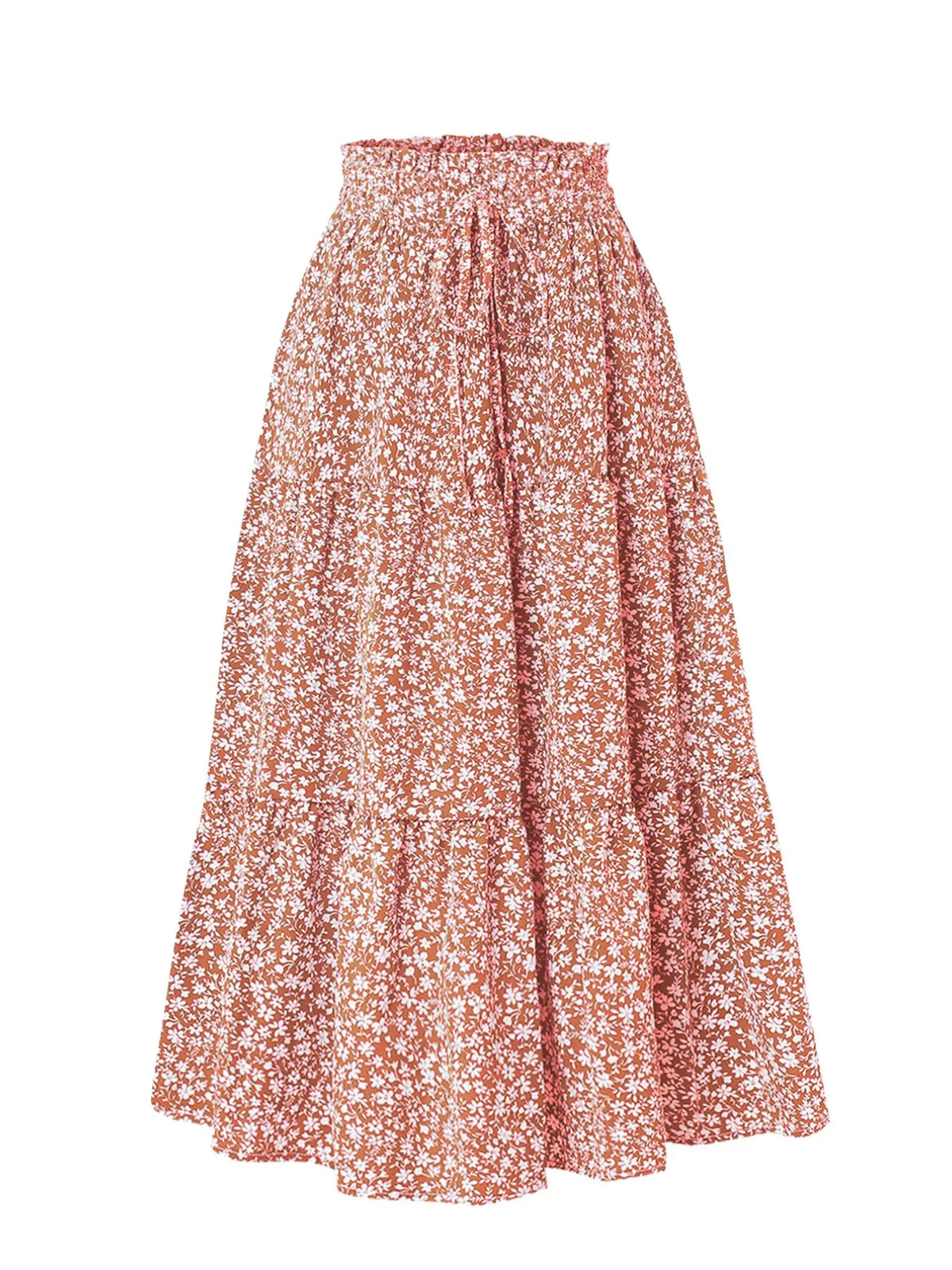 Boho High-Waisted Fishtail Skirt Bottoms, Bohemian Floral Skirt, Plain Color Solid A-Line Midi Dress, Layered Ruffle Hem, Casual Long Skirt for All Seasons