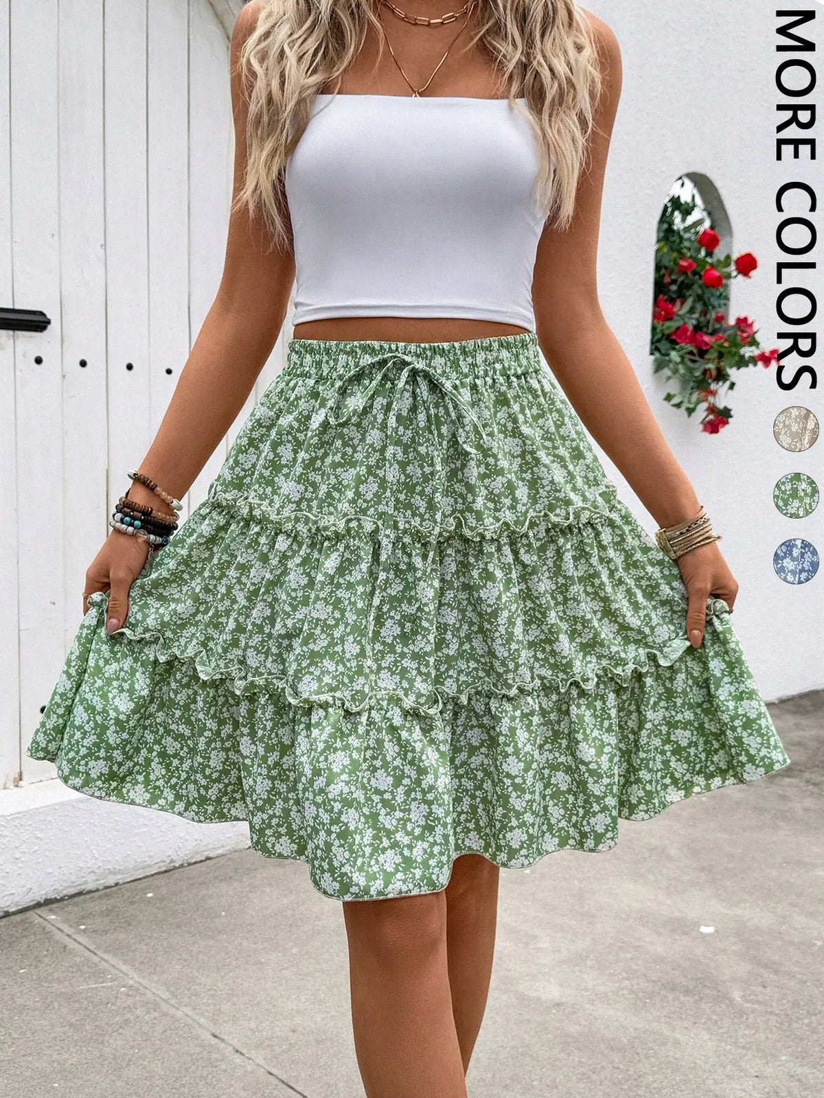 Women's Ditsy Floral Layered Midi Skirt, Adjustable Drawstring Elastic Waist, Flowy Ruffle Hem, Feminine Casual Elegant Design, Perfect for Daily Wear, Floral Skirts