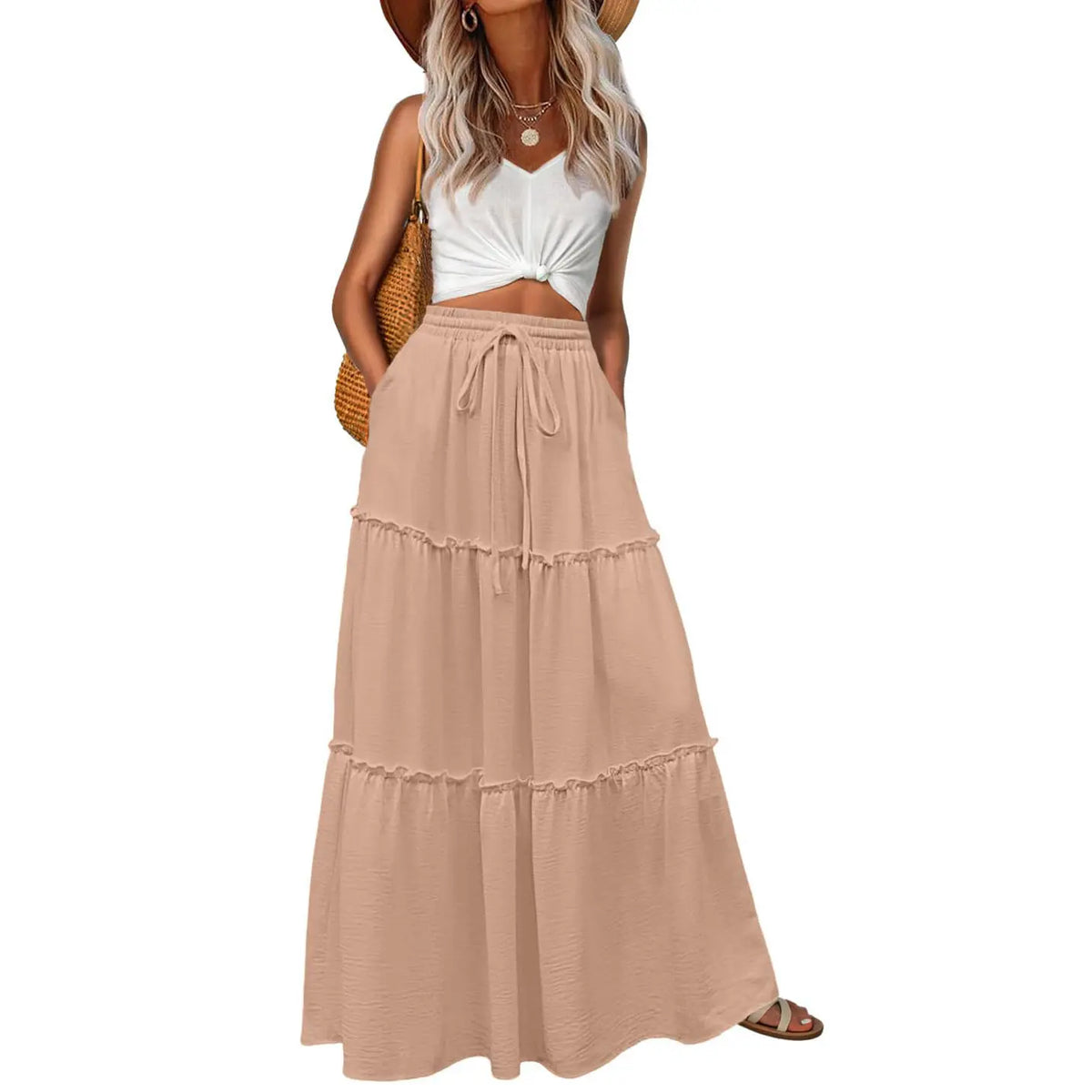 Lepunuo Womens Casual Boho High Waisted Flowy Maxi Skirts Tiered Floral Long Skirts with Pockets for Summer Beach Vacation