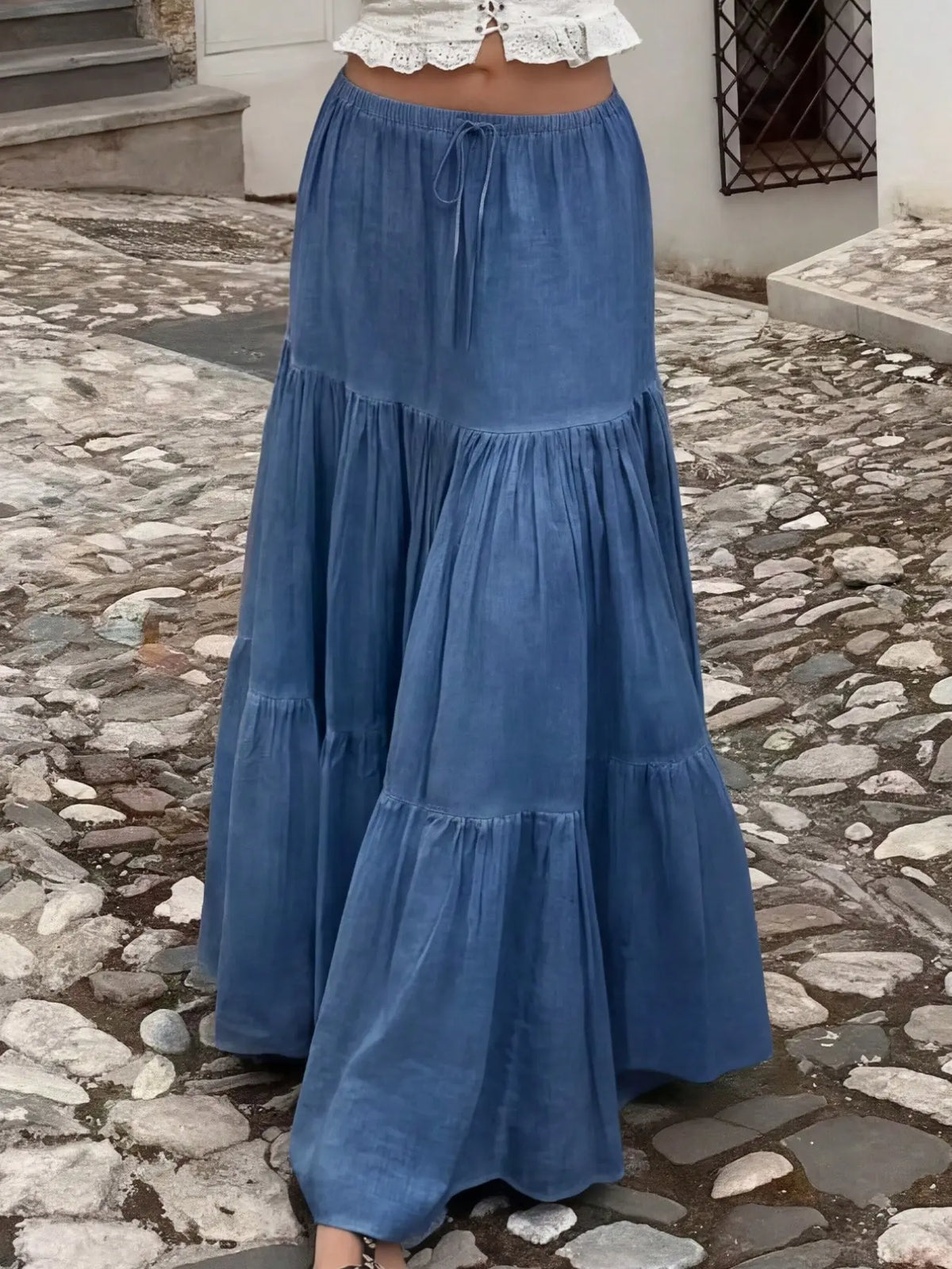 Women's Tiered Maxi Skirt with Drawstring Waist, Non-Stretch Fabric for Casual Daily Wear