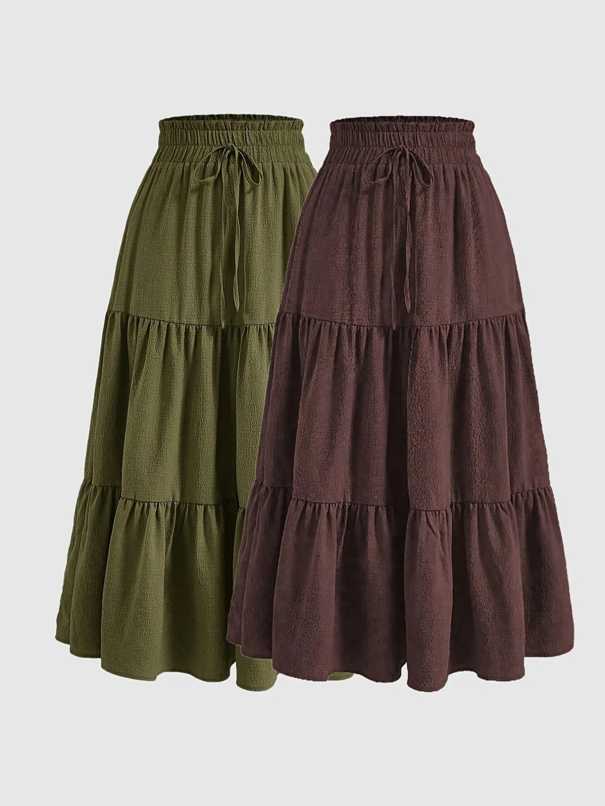 Women's 2 Piece Set, Casual Fitted Long Skirt with Drawstring and Layered Ruffles, Thin Lightweight Woven Fabric, Plain Pattern, All Seasons Wear, Skirt Sets, Womenswear, Clothes, Lady