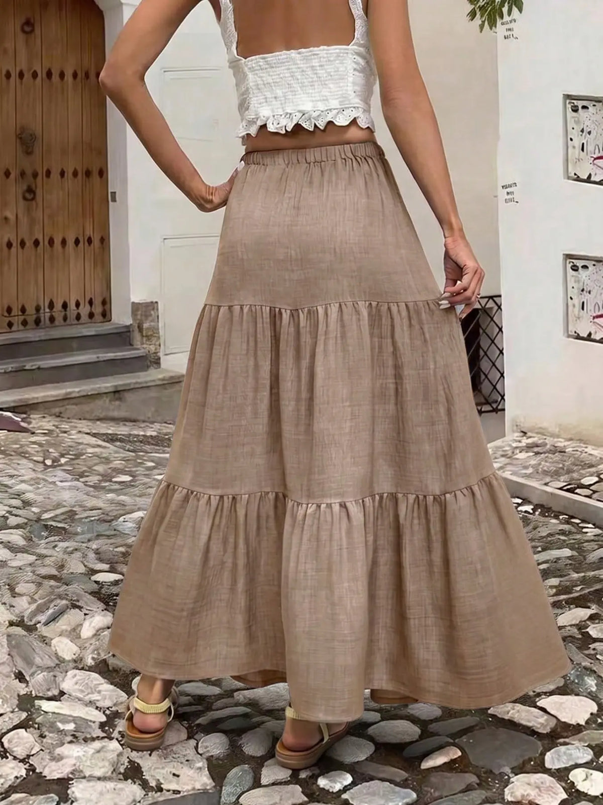 Women's Tiered Maxi Skirt with Drawstring Waist, Non-Stretch Fabric for Casual Daily Wear