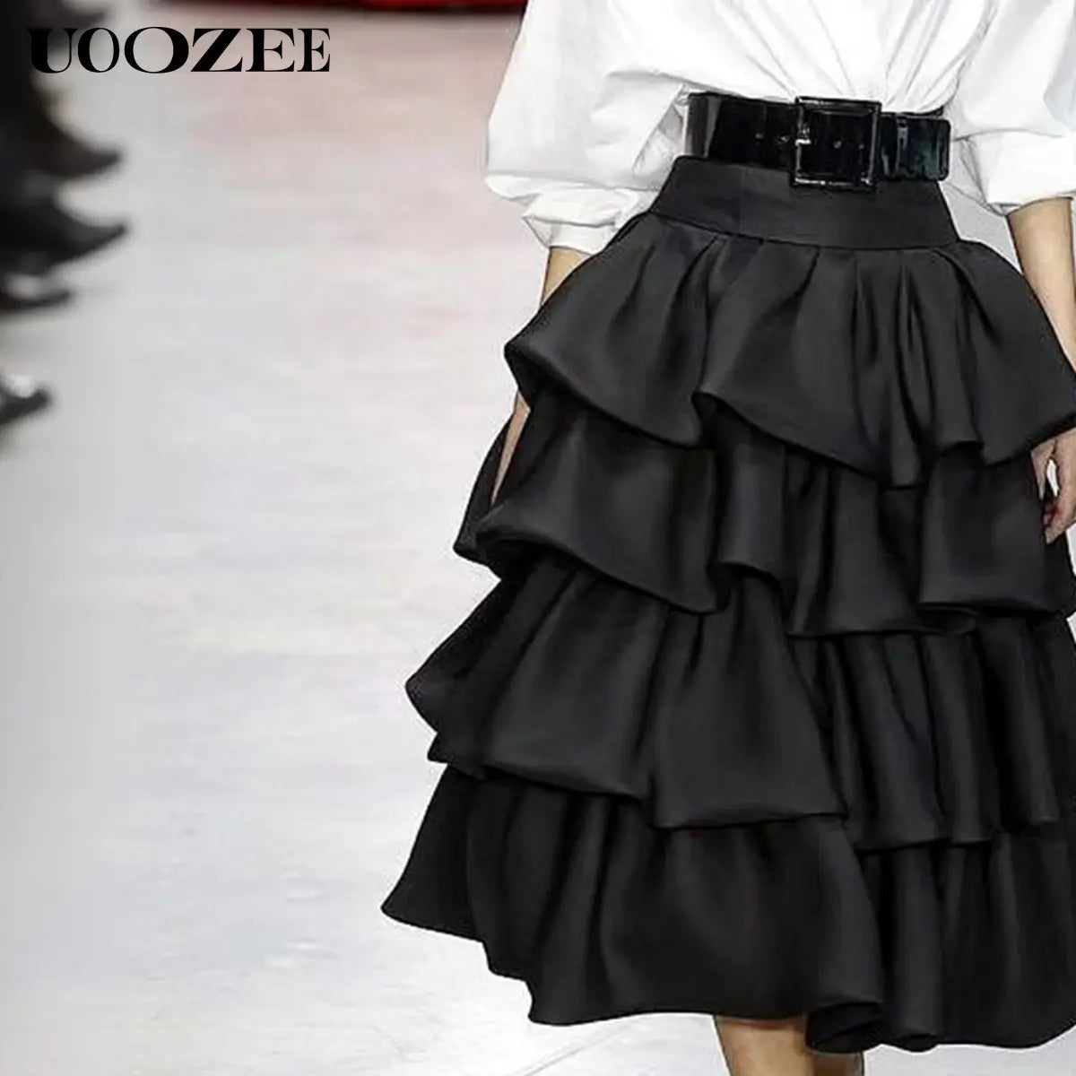 UOOZEE Women's High-Waist Tiered Cocktail Midi Skirt - Feminine A-Line with Ruffles, Structured Polyester Fabric, No Stretch Waistband,back to school shopping, Soft