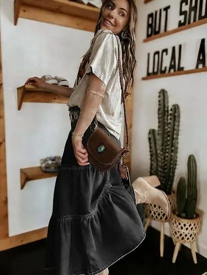 Women's High Waist Long  Skirt Button-Fly Tiered Ruffle Swing A-Line Jean Maxi Skirt with Pockets