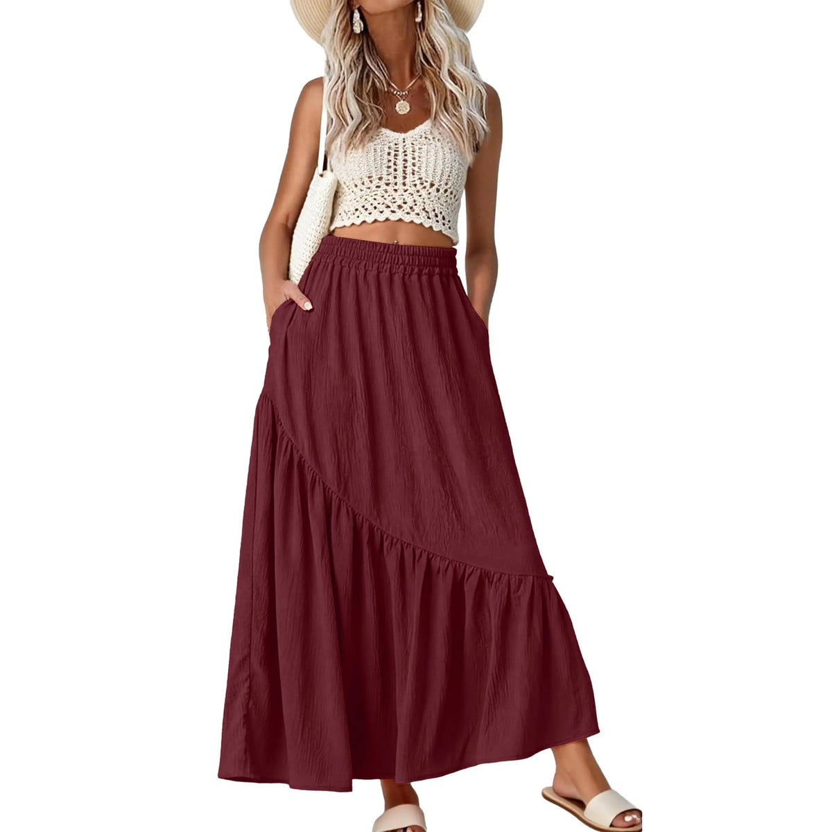GRECERELLE Women's Boho Maxi Skirt High Waist Pleated A-Line Flowy Swing Asymmetric Tiered Long Skirts with Pockets
