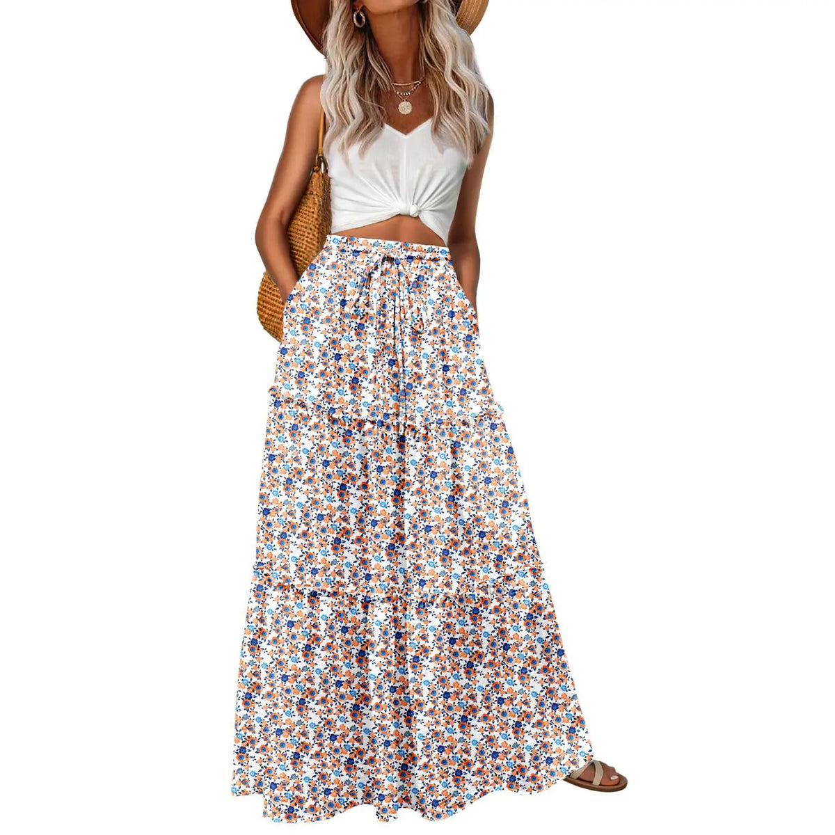 Lepunuo Womens Casual Boho High Waisted Flowy Maxi Skirts Tiered Floral Long Skirts with Pockets for Summer Beach Vacation