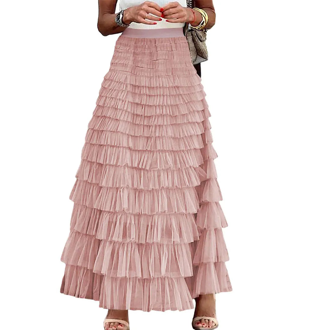 Women's High-Waisted Fitted A-Line Tulle Maxi Skirt - Ruffled Tiered Mesh Tutu Bottom, Elegant Chic Summer Petticoat, Machine Washable Skirt, Machine Washable Skirts,back to school shopping,sohochic
