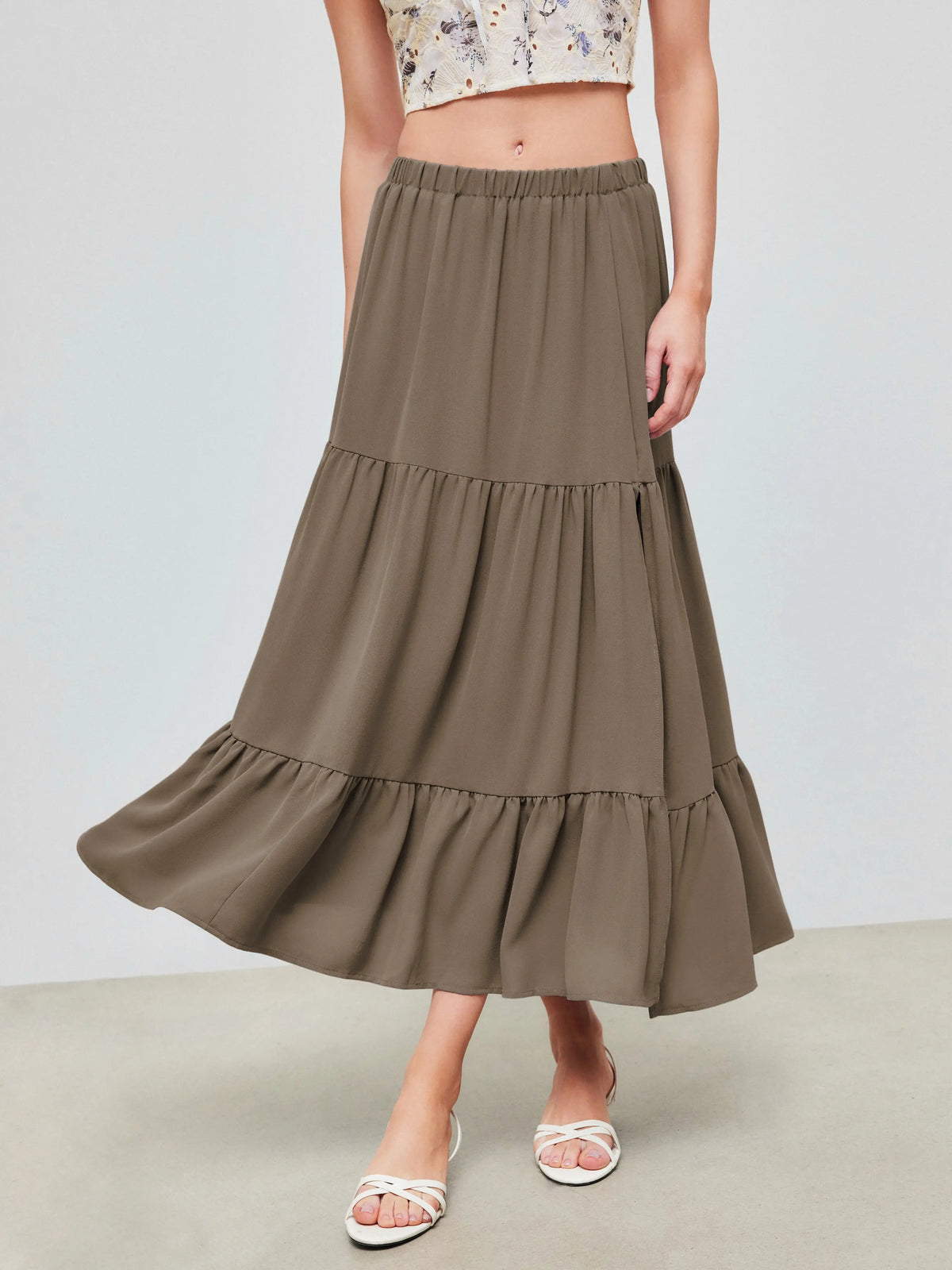 Cider Solid Elastic Waist Ruffle Hem Tiered Maxi Skirt,clothes for back to school,first day of school outfits