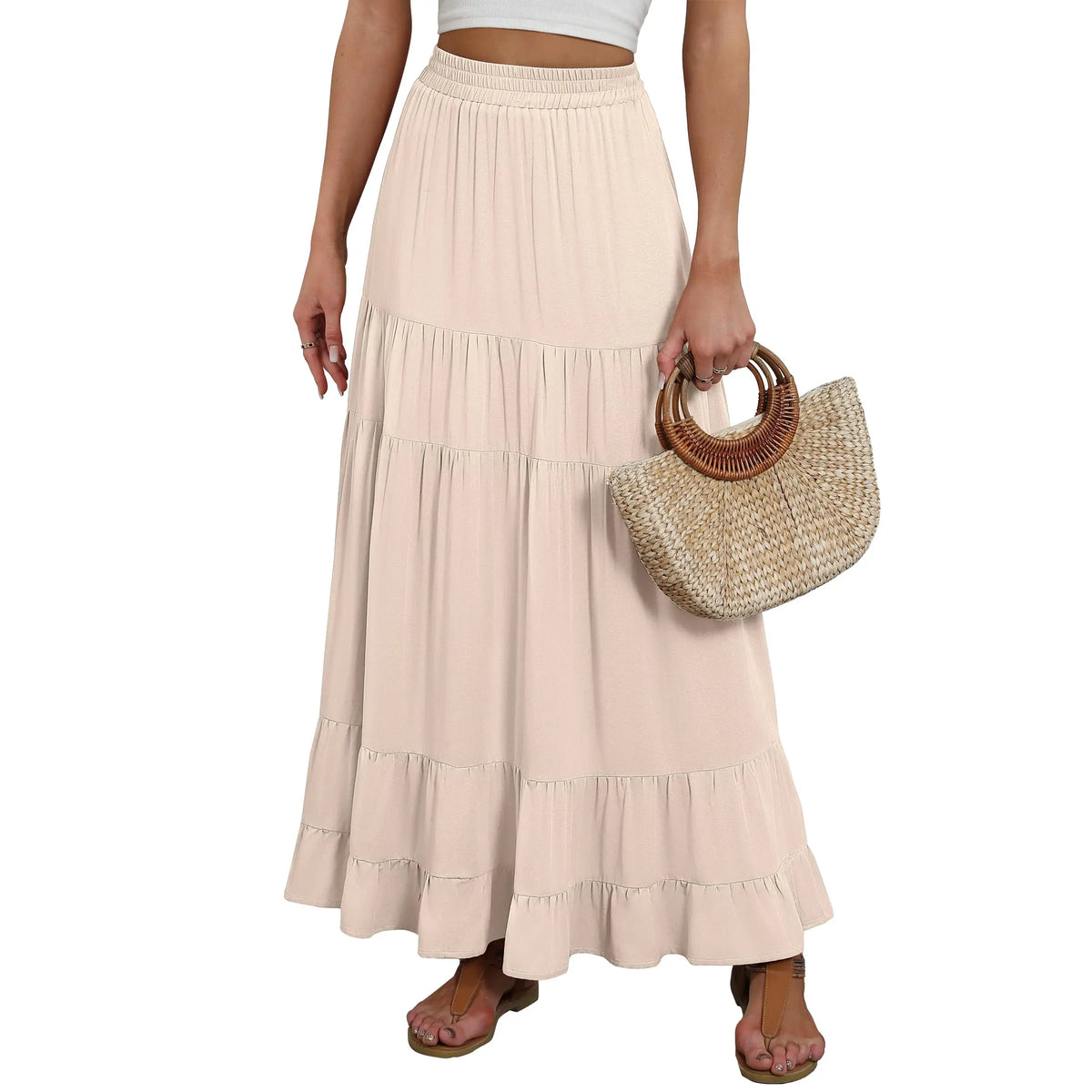 ANRABESS Womens Maxi Skirt Elastic High Waist Swing Tiered A-line Flowy Pleated Boho Beach Vacation Long Skirts Summer Fit