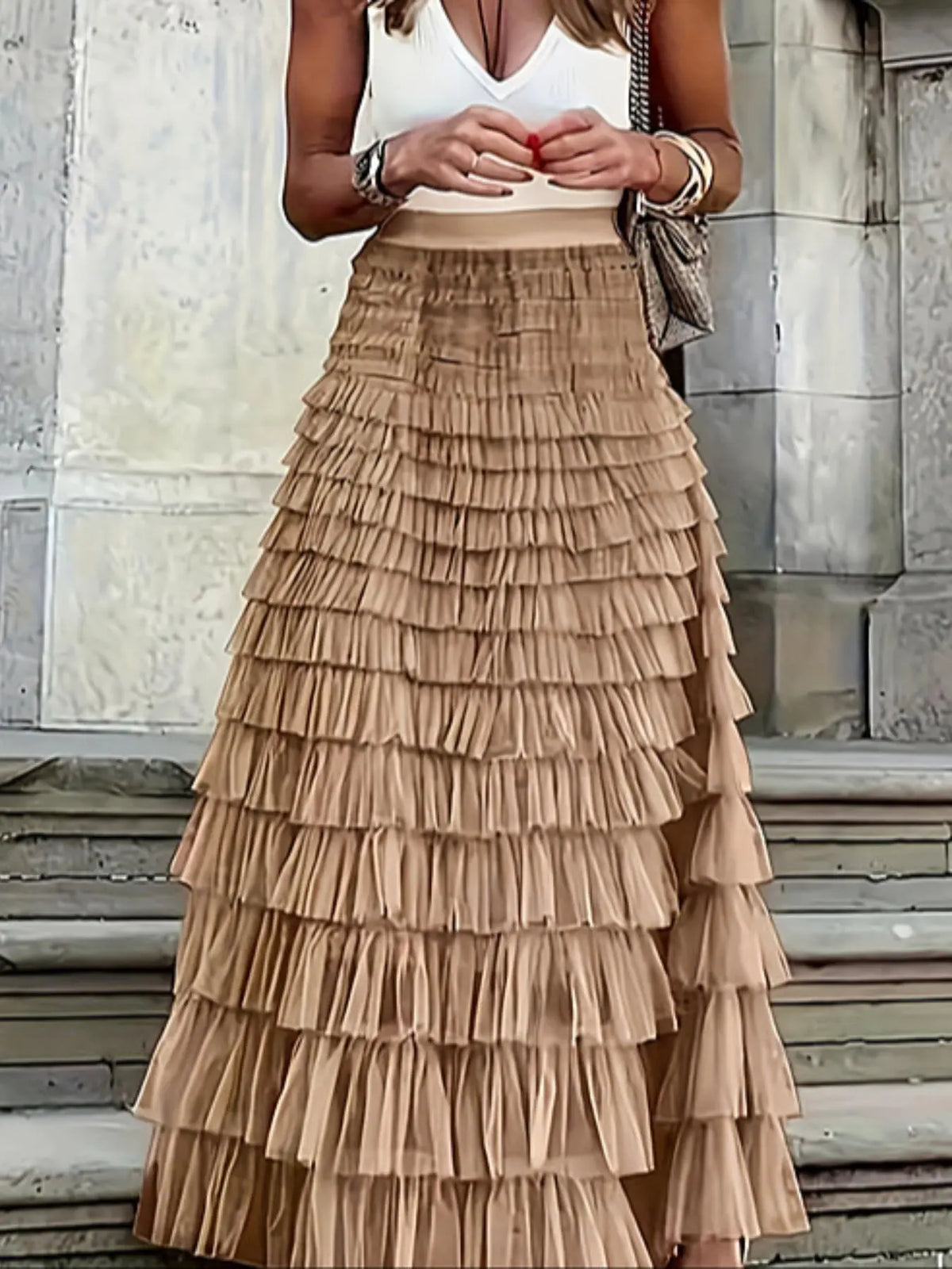 Women's Plain Ruffle Hem Tiered Layer Knit Skirt, Elegant Chic Aesthetic High Waist Fit Long Skirt for Vacation Holiday Party, Ladies Bottoms for All Seasons, Long Skirt Women All Season Skirts
